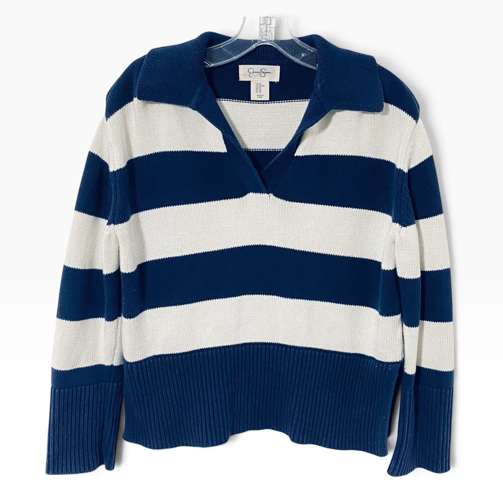 Jessica Simpson y2k Blue White xs Striped rugby Pullover cropped sweater cotton